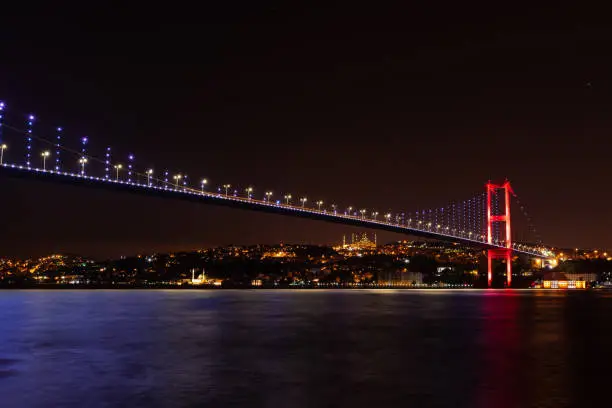 The Bosphorus Bridge or the 15 July Martyrs Bridge, view on the Asian side of night Istanbul, Turkey.