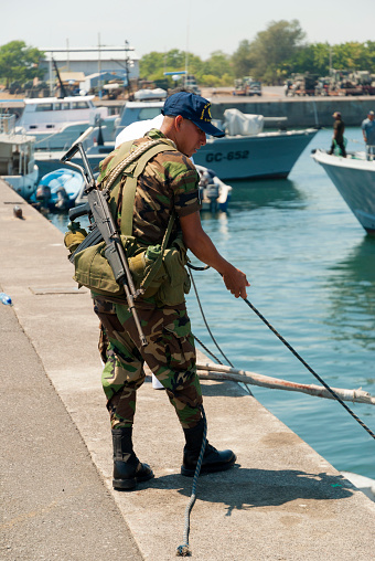 Guatemala pacific ocean - june 07, 2003. Coast guard soldier in naval base in the pacific army of guatemala