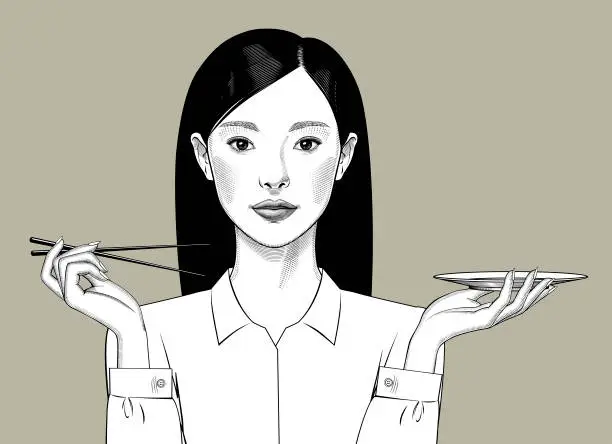 Vector illustration of Asian girl with long hair holds chopsticks and plate in her hands