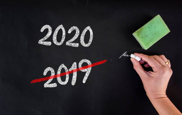 istock Chalkboard with 2020, crossed 2019 and hand with chalk 1176210301