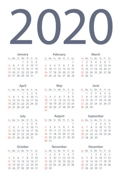 Vector illustration of Calendar 2020 Simple. Days start from Sunday