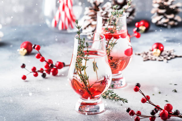 cocktail alcoólico do inverno com bagas vermelhas, licor, gin, tomilho e vodca para o natal ou o ano novo. ajuste da tabela do feriado - holiday spirit - fotografias e filmes do acervo