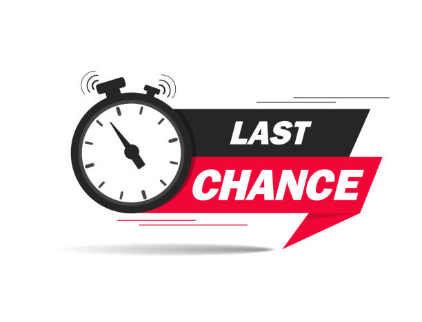 Red ribbon with clock and last chance seal. Sale banner with countdown alarm clock for retail, shop, social media, advertising. Promo label with last chance and limited time on clock. vector Red ribbon with clock and last chance seal. Sale banner with countdown alarm clock for retail, shop, social media, advertising. Promo label with last chance and limited time on clock. vector eps10 last stock illustrations