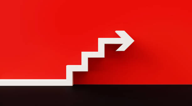 white arrow symbol over red wall - ladder of success concept - black ladder white staircase imagens e fotografias de stock