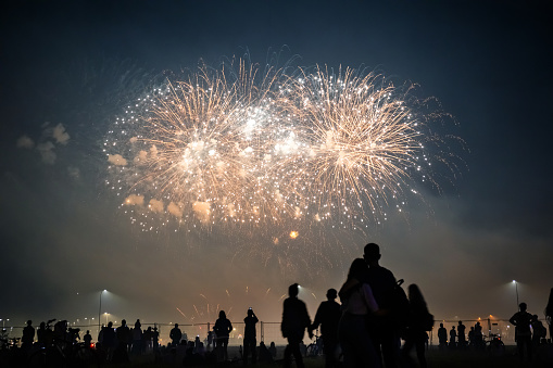 silhouettes of people watching fireworks in the background of bright white flashes in the night sky