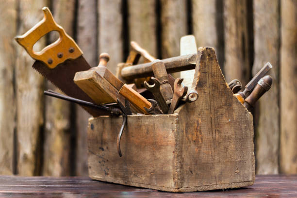 vintage tool box on wooden table, on wood background vintage tool box on wooden table, on wood background. plane hand tool stock pictures, royalty-free photos & images