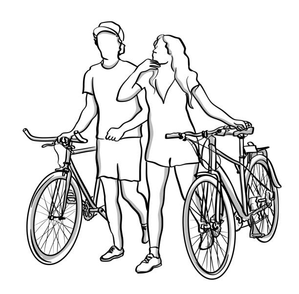 Couple Walking Their Bicycles Boyfriend and girlfriend walking with their bicycles by their sides.  Vector sketch illustration walking drawings stock illustrations