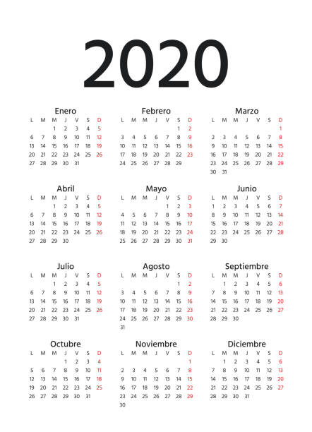 illustrations, cliparts, dessins animés et icônes de calendrier espagnol 2020. illustration de vecteur. planificateur d'année de modèle. - calendar june time month