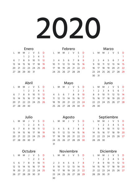 illustrazioni stock, clip art, cartoni animati e icone di tendenza di calendario spagnolo 2020. illustrazione vettoriale. pianificatore dell'anno modello. - calendar october time week