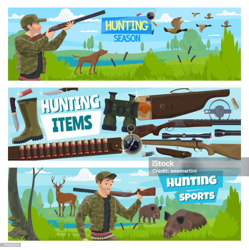 Hunt Open Season Animals Hunter Adventure Stock Illustration - Download  Image Now - Animals Hunting, Hunter, Banner - Sign - iStock