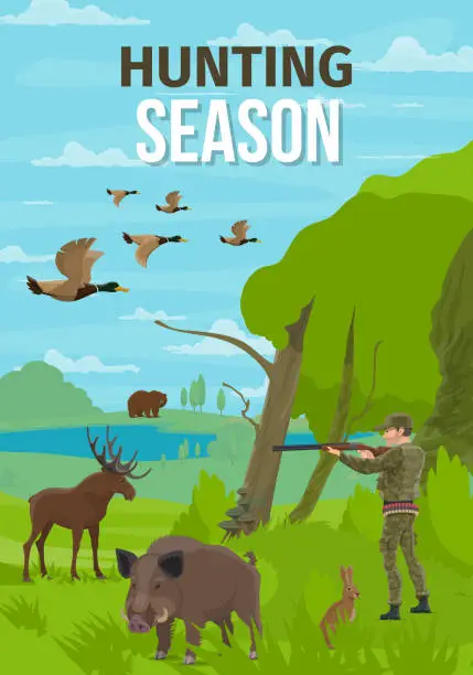 Vector illustration of Hunt open season animals, hunter in forest