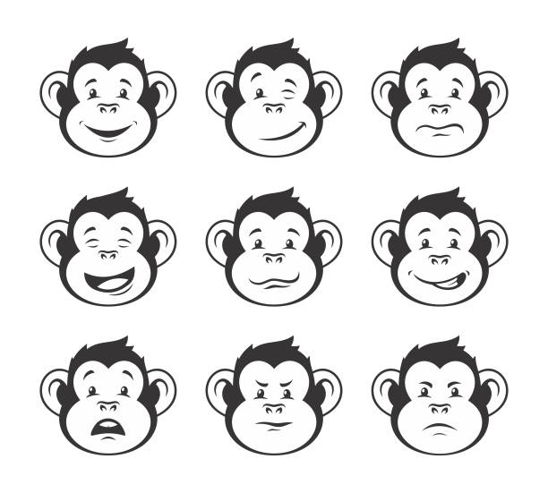 małpie głowy z różnymi mimikami twarzy - zestaw ikon wektorowych - monkey stock illustrations
