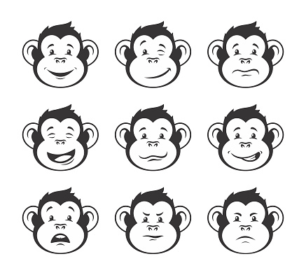 Monkey heads with various facial expressions - outline vector icon set