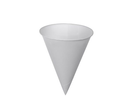 single white paper cone cup isolated on white background