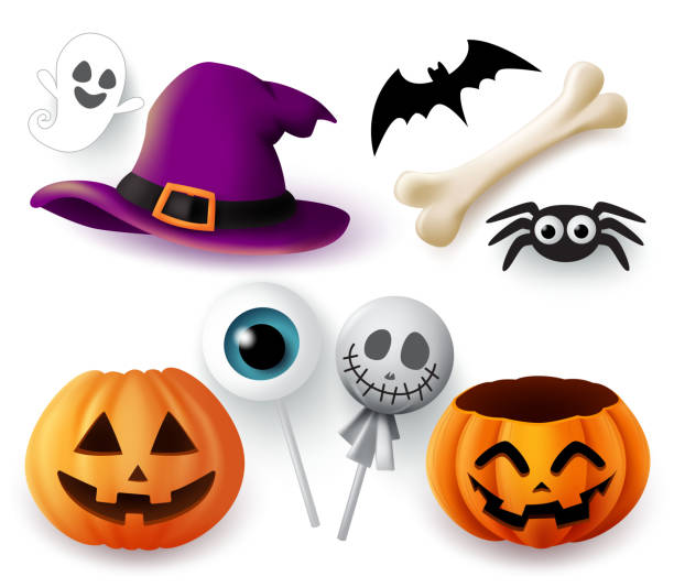 Halloween objects vector set. Halloween trick or treat elements and object of hat, pumpkins, spider, bone, bat, ghost, and eyeball lollipop isolated. Halloween objects vector set. Halloween trick or treat elements and object of hat, pumpkins, spider, bone, bat, ghost, and eyeball lollipop isolated in white background. Vector illustration. witchs hat stock illustrations