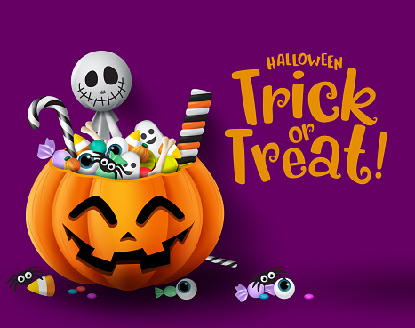 Halloween trick or treat pumpkin vector background template. Halloween trick or treat greeting text with empty space for message and pumpkin basket with sweet candies element. Vector illustration.