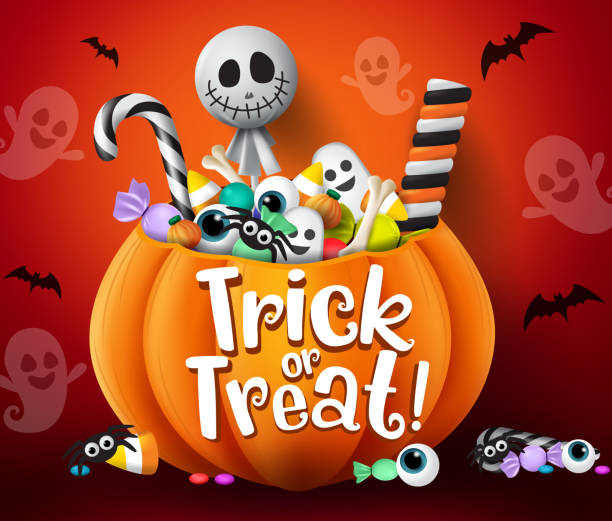 Trick or treat vector design. Trick or treat halloween pumpkin basket with sweets and scary candies like candy cane, marshmallow and lollipop elements. Trick or treat vector design. Trick or treat halloween pumpkin basket with sweets and scary candies like candy cane, marshmallow and lollipop elements in scary bat and ghost red background. Vector illustration. eye candy stock illustrations