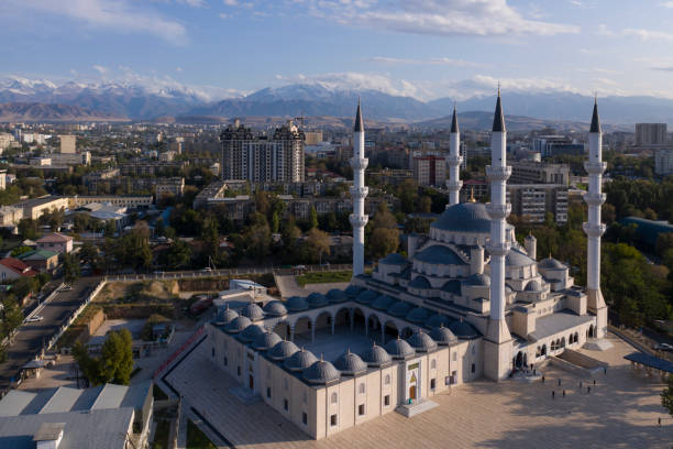 Aerial view of the new  Central Mosque of Imam Sarakhsi in Bishkek, Kysgyzstan capital Bishkek, Kyrgyzstan - August 17, 2019: Aerial view of the new  Central Mosque of Imam Sarakhsi in Bishkek, Kysgyzstan capital kyrgyzstan photos stock pictures, royalty-free photos & images