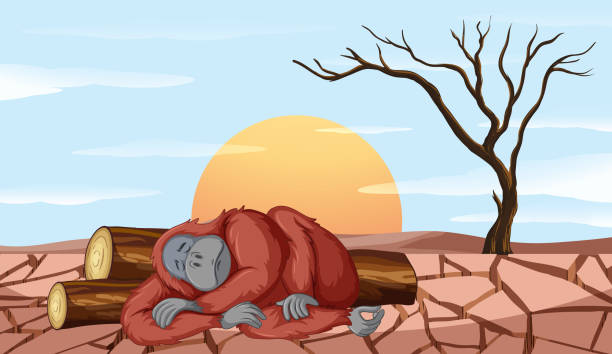 Deforestation scene with monkey dying Deforestation scene with monkey dying illustration chimp in space stock illustrations