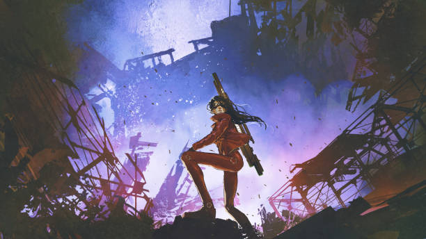 futuristic soldier woman in the dystopian world futuristic soldier woman with gun standing against the ruined city, digital art style, illustration painting dystopia concept stock illustrations