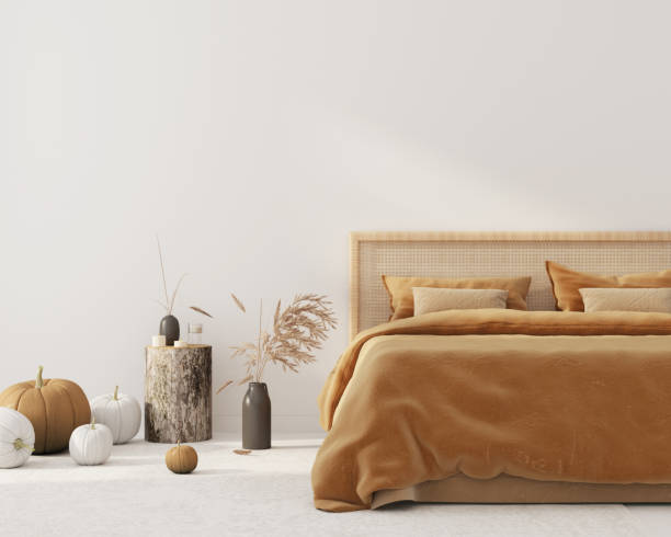 Bedroom interior  with autumn colored bedding  and decoration for Halloween