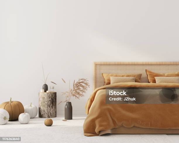 Bedroom Interior With Autumn Colored Bedding And Decoration For Halloween Stock Photo - Download Image Now
