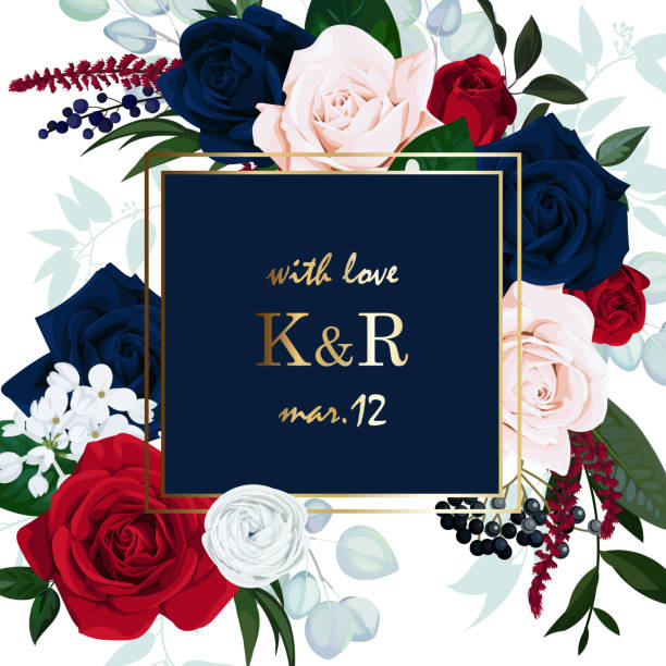 부르고뉴와 네이비 블루 장미웨딩 초대장 - wedding invitation rose flower floral pattern stock illustrations