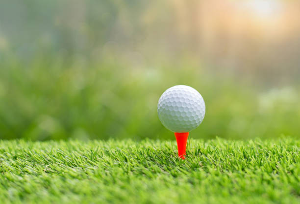 Golf ball on white tee and green grass isolated on pastel yellow color background. Minimal creative concept. 3d render illustration