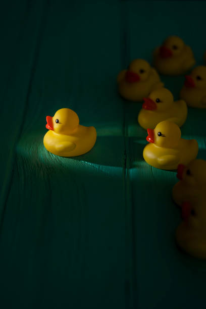 istock Group of yellow rubber ducks following a single duck which is heading heading towards a shaft of light shining through the darkness, scene set on an old turquoise colored weathered wooden panel background, conceptually representing water. 1176268154