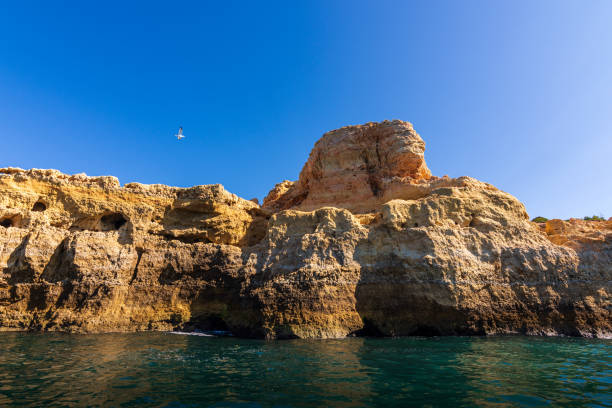 Dramatic Algarve cliffs and caves near Carvoeiro in Portugal This dramatic limestone coastline is formed of sea pillars, fragile rock arches and hidden grottos. Photographed from a boat during a sunny Summer morning. beautiful beach in carvoeiro algarve portugal stock pictures, royalty-free photos & images