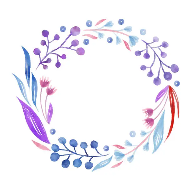 Vector illustration of Blue and Purple Spring Blossoms Background. Hand Painted Layered Watercolor Flowers Clip Art. Watercolor Floral Pattern. Design Element for Greeting Cards and Wedding, Birthday and other Holiday and Summer Invitation Cards Background.