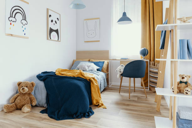 Workspace With Desk And Chair In Elegant Teenagers Room With Blue And  Orange Design Stock Photo - Download Image Now - iStock