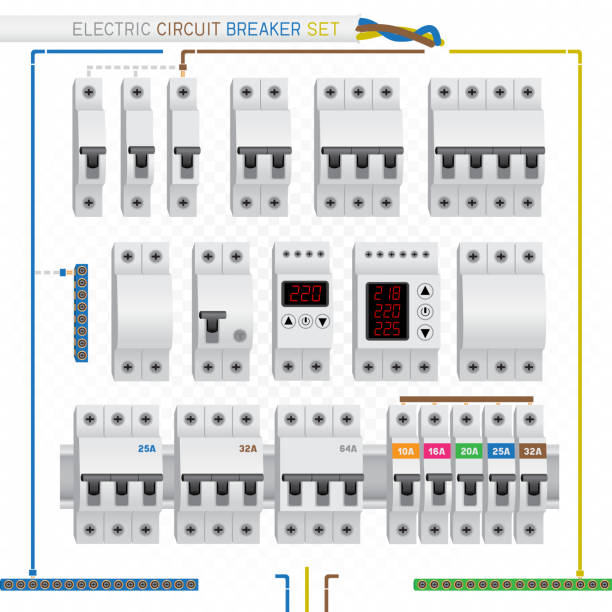 illustrazioni stock, clip art, cartoni animati e icone di tendenza di interruttore elettrico set - circuit breaker