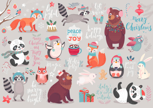 ilustraciones, imágenes clip art, dibujos animados e iconos de stock de conjunto de navidad, estilo dibujado a mano - caligrafía, animales y otros elementos. - winter bear