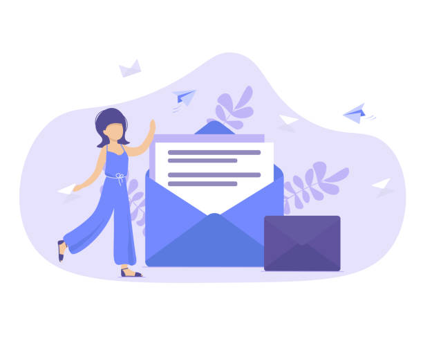 Concept sending and receiving mail messages Woman hold mail, chatting. New email message, mail notification. Girl send a paper letter plane. Flat vector concept. writing email stock illustrations