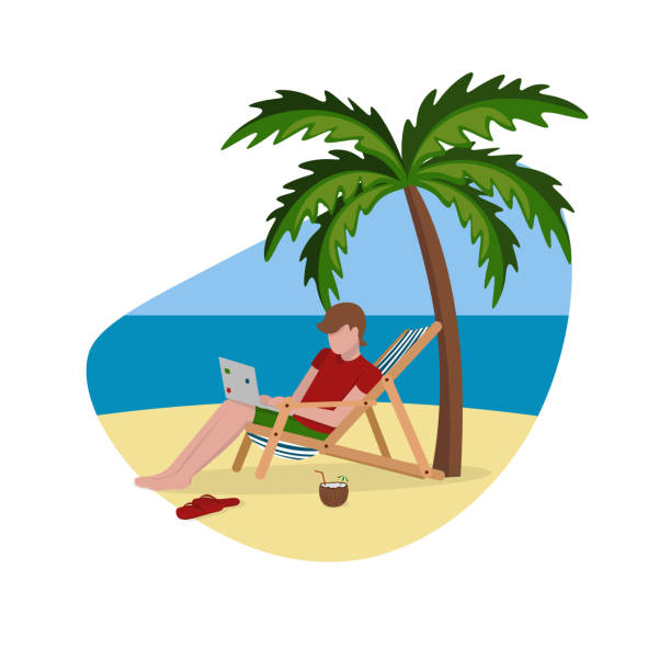 freelance man on the beach with laptop palm 2 The guy is lying on a deck chair under an palm tree, holding a laptop and drinking a coconut cocktail. Flat vector illustration. flip flop sandal beach isolated stock illustrations