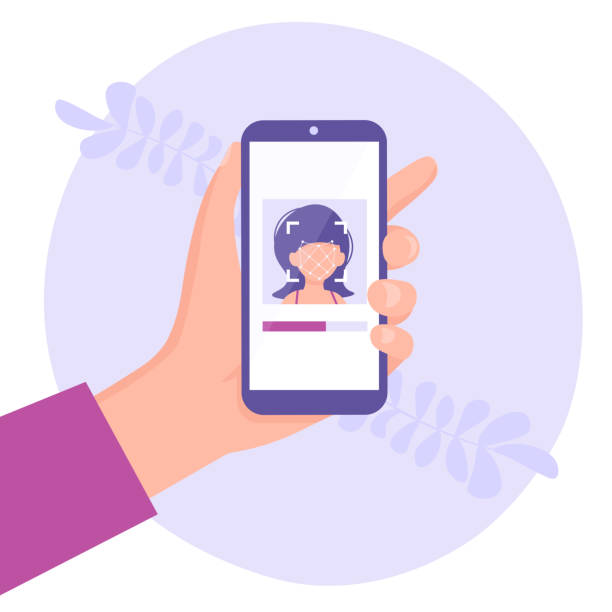 face id People sending and receiving money wireless with their mobile phones. Hands holding smart phones with banking payment apps. Flat style vector illustration. hand holding phone stock illustrations