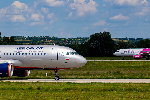 Budapest Hungary International Airport Aug 19, 2019: Aeroflot Airline Airbus 319 just leaving from Budapest International airport.