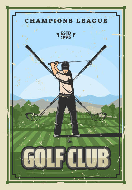 spieler oder golfer auf golfplatz mit ball und schläger - putting golf golfer golf swing stock-grafiken, -clipart, -cartoons und -symbole