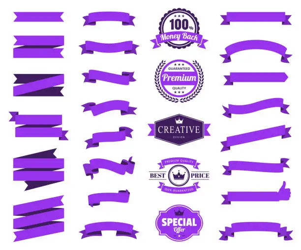 Vector illustration of Set of Purple Ribbons, Banners, badges, Labels - Design Elements on white background