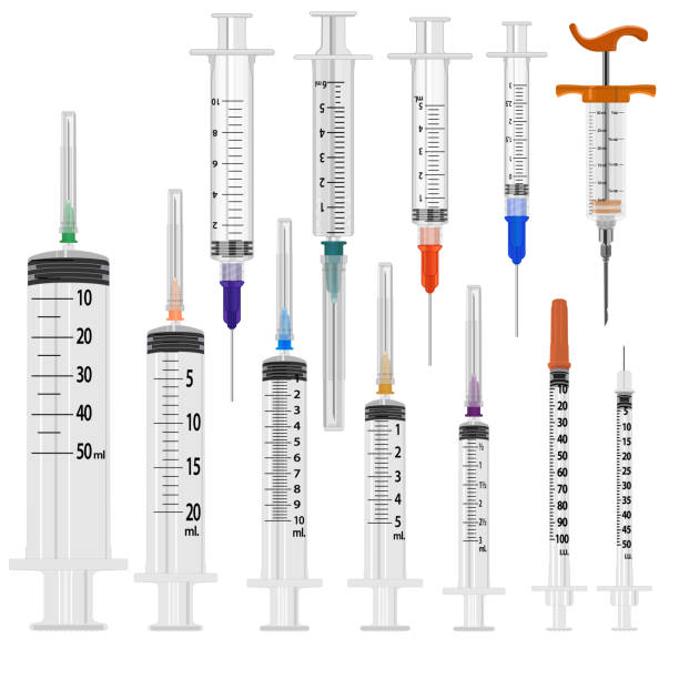 ilustrações de stock, clip art, desenhos animados e ícones de set of medical disposable syringes of different size, scope and purpose - insulin vial diabetes syringe