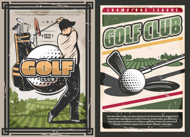 illustrazioni stock, clip art, cartoni animati e icone di tendenza di poster del golf club sportivo con oggetti giocatore e di gioco - track and field athlete