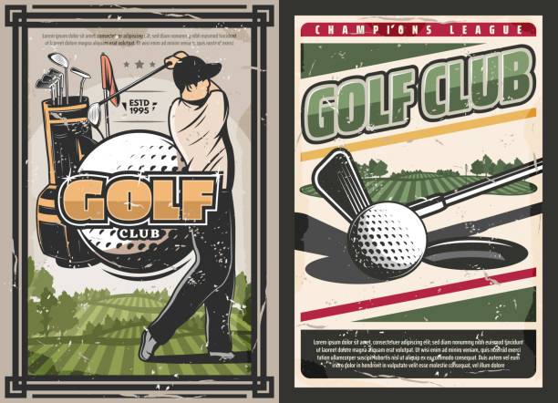 ilustrações de stock, clip art, desenhos animados e ícones de sport golf club poster with player and game items - tee golf golf club ball