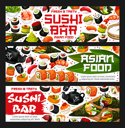 Asian food or sushi bar delivery. Vector roll and sashimi, ikura and kappa or tekka maki, shrimp or salmon nigiri and syake and tobikko, gunkan and hasomaki, uramaki and temaki. Oriental seafood
