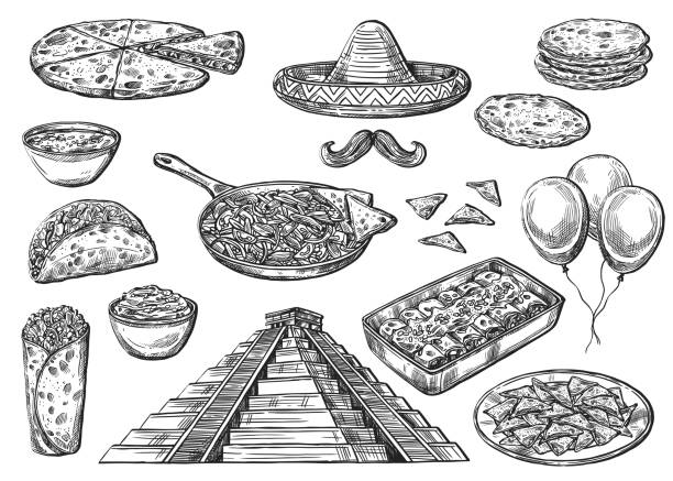 mexikanische nationale lebensmittel und cinco de mayo zeichen - tortillas stock-grafiken, -clipart, -cartoons und -symbole