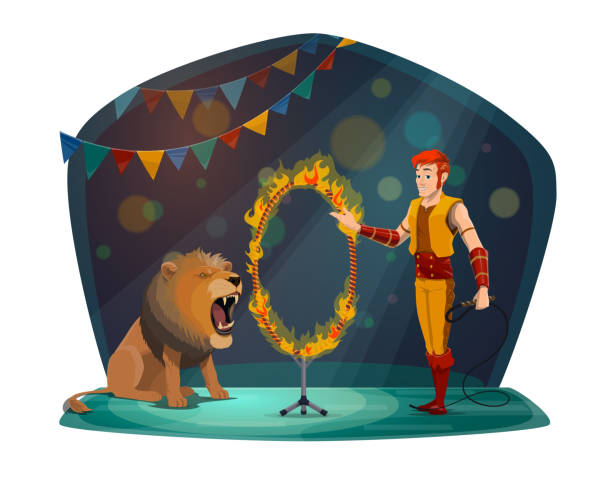 illustrations, cliparts, dessins animés et icônes de entraîneur de cirque et linon dans le cercle de feu - circus lion