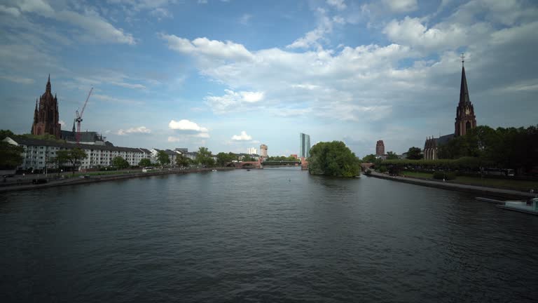 Frankfurt cathedral and Evangelical Church in Frankfurt with Main river - 4k video