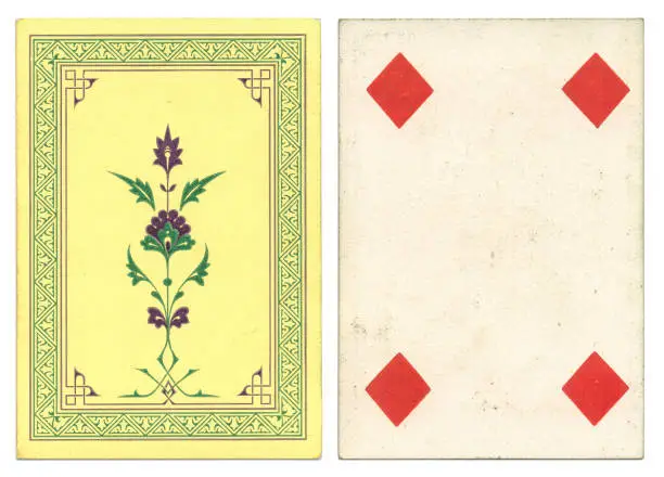 Out of copyright. This is a 19th century Owen Jones design on the back of a de la Rue playing card dating from the 1850s, a spare but pretty floral design in purple on a yellow background. It is a four of diamonds with no indices (no number or suit in the corners).