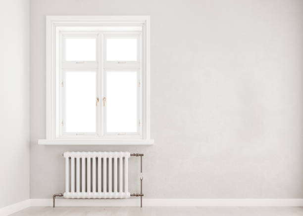 istock Light gray mock up wall with large window an radiator, Scandinavian style, 3D render, 3D illustration 1176295786
