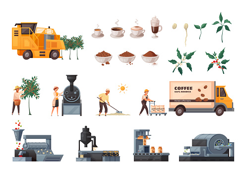 Coffee production cartoon set with industry equipment symbols isolated vector illustration